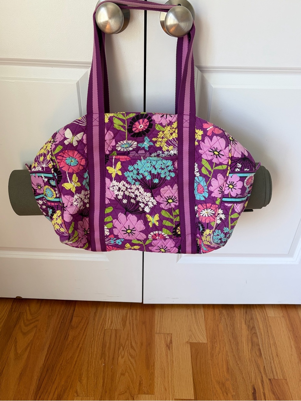 Vera Bradley Purple Floral Quilted Yoga Tote with Striped Handles